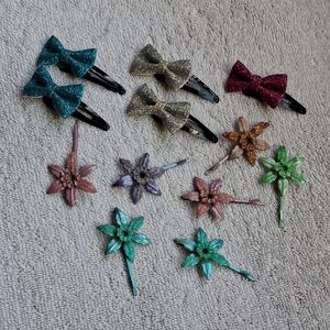 Glittery Bow and Flower Hair Clips Set for Kids